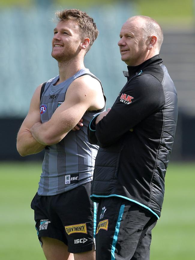 Port Adelaide Power coach Ken Hinkley and player Robbie Gray at Power training. Picture: AAP Image/David Mariuz