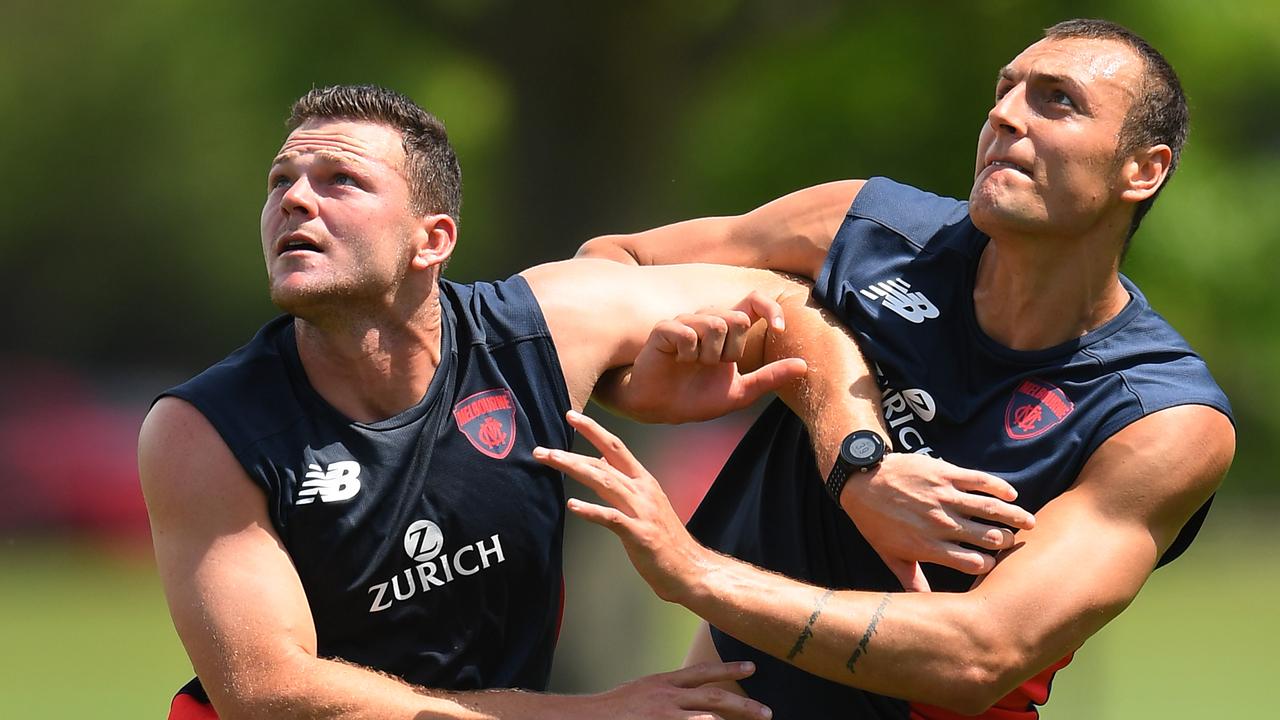 Steven May and Braydon Preuss compete for a ball during a training session at Gosch’s Paddock last year.