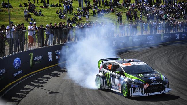 Ken Block attracted thousands of fans to a drift demonstration at Calder Park Raceway in Melbourne.