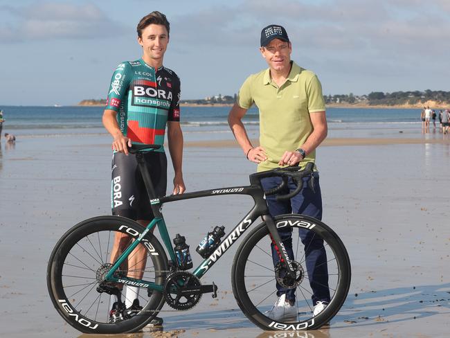 Jai Hindley and Cadel Evans are the only Australians in history to win a Grand Tour. The pair are pictured together at Whites Beach in Torquay ahead of the weekend's Cadel Evans Great Ocean Road Race. Picture: Alan Barber