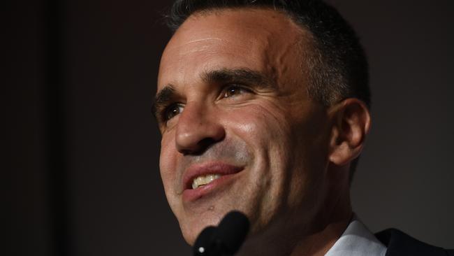 Peter Malinauskas speaks on his election win at Labor HQ at the Adelaide Oval on March 19. He thanks his “loyal Labor lion” Tom Koutsantonis. Picture: Tricia Watkinson