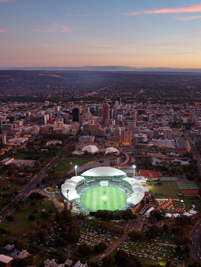 Aerial view of Adelaide Oval at Sunset. Picture: Matt Turner