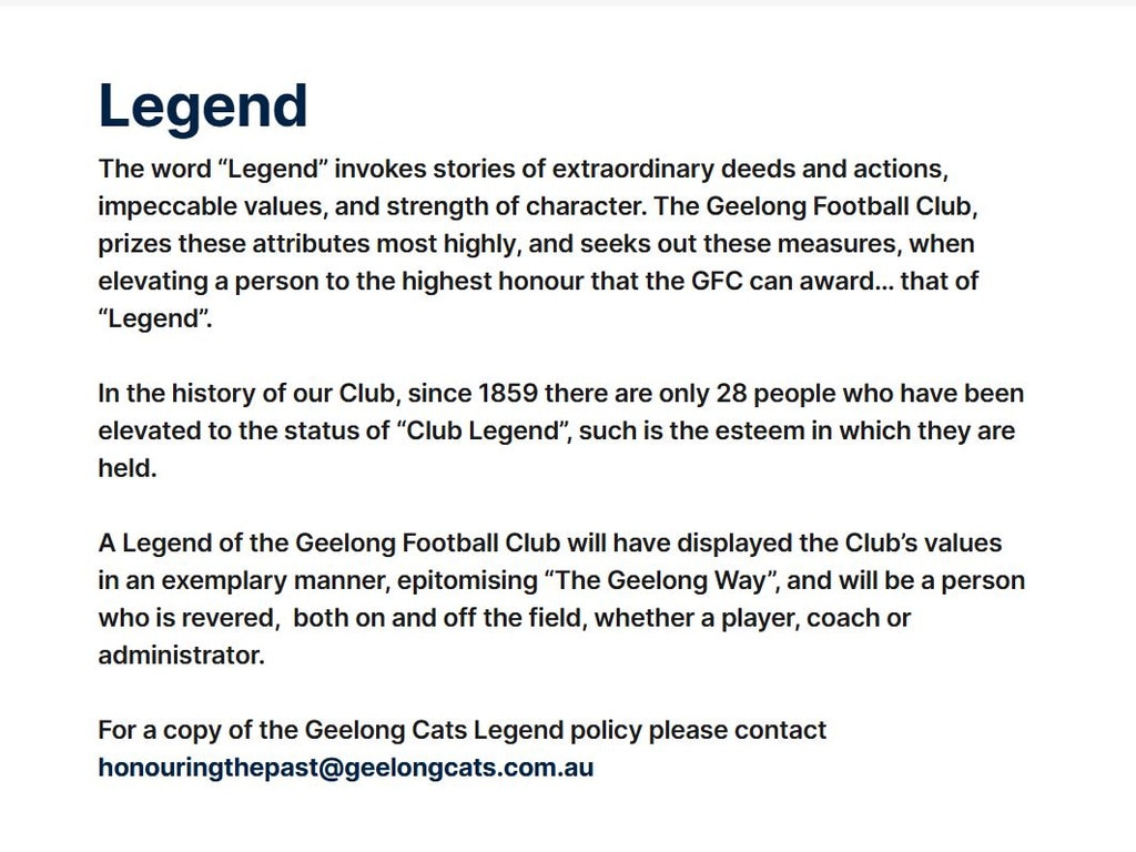 Geelong's 'Club legend' criteria. Picture: Geelong Cats website