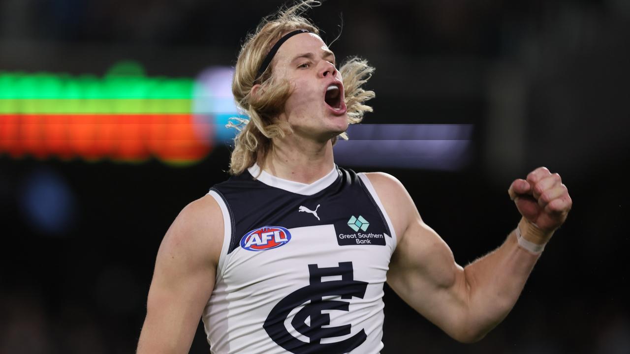 Carlton’s Tom De Koning played a straight bat when talking about his contract status. Picture: James Elsby/AFL Photos via Getty Images