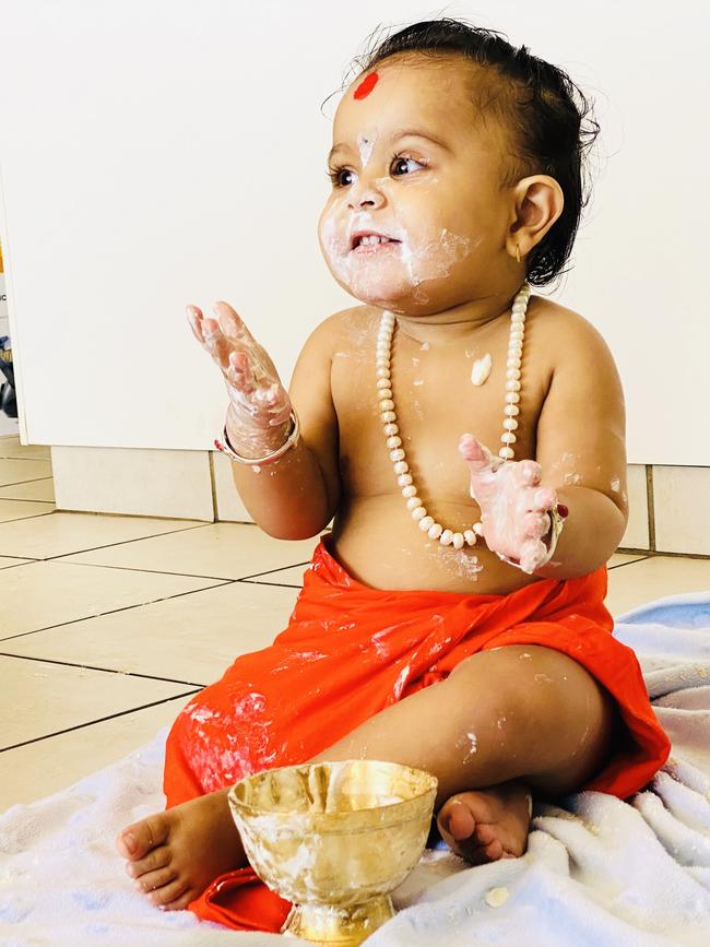 Little Krishna Ji.Neev Kharel. In Hindu culture, young children are dressed like Lord Krishna, to celebrate the birthday of Lord Krishna. It usually falls in the month of Bhadra (August/September). We called this day Shree Krishna Janmashtami (birthday of Lord Krishna). Lord Krishna was very interested in eating dairy products, so by dressing our kids like the Lord, we give them dairy product especially yogurt to eat. In the picture, Neev is enjoying playing with yogurt. Picture: Sagar Pantha Suman Sapkota