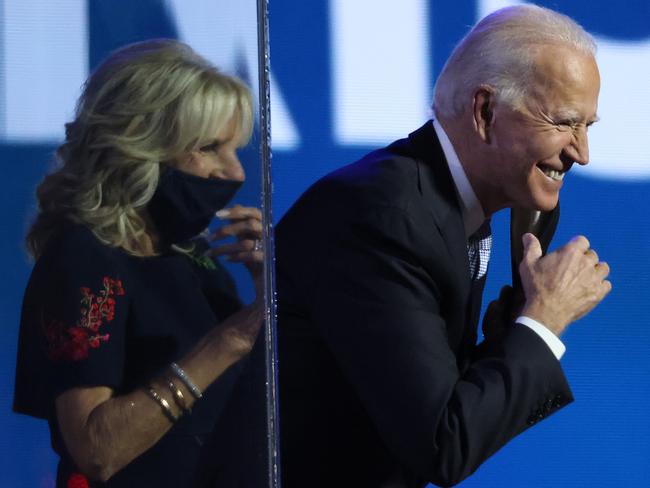 ‘I am humbled.’ First Lady Jill Biden and President-elect Joe Biden greet crowd. Picture: AFP