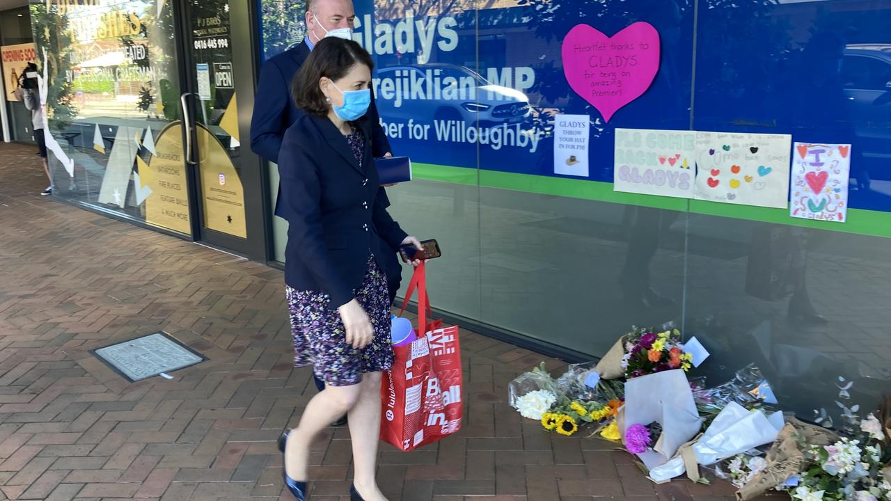 Gladys Berejiklian was last seen on Wednesday when she arrived at her Willoughby electorate office where she picked up flowers and hand-made cards left by fans and supporters. Picture: David Barwell