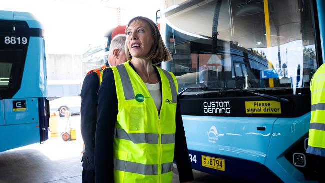 Minister for Transport Jo Haylen at Leichhardt bus depot on Monday to present the findings of the Bus Industry Taskforce's final report. Photo: Tom Parrish