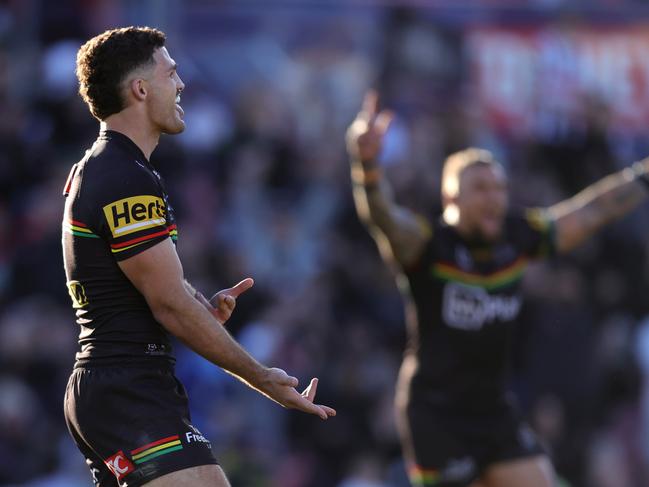 PENRITH, AUSTRALIA - JULY 21: Nathan Cleary of the Panthers celebrates kicking the match winning field goal in golden point during the round 20 NRL match between Penrith Panthers and Dolphins at BlueBet Stadium on July 21, 2024 in Penrith, Australia. (Photo by Jason McCawley/Getty Images)