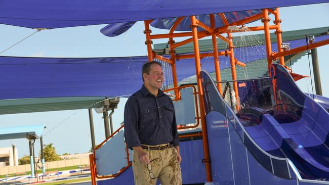 A wet Luke Gosling MP at the Casuarina Aquatic and Leisure Centre. Picture: Alex Treacy