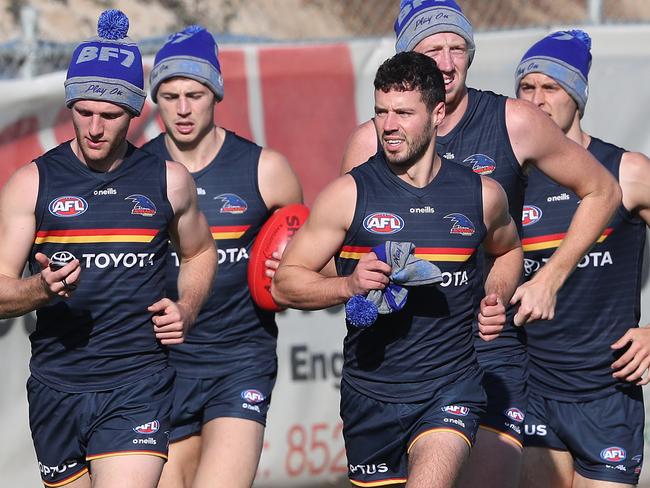 AFL - Adelaide Crows training - Thursday, 27th May, 2021 - at West Lakes. Andrew McPherson and Luke Brown run laps Picture: Sarah Reed