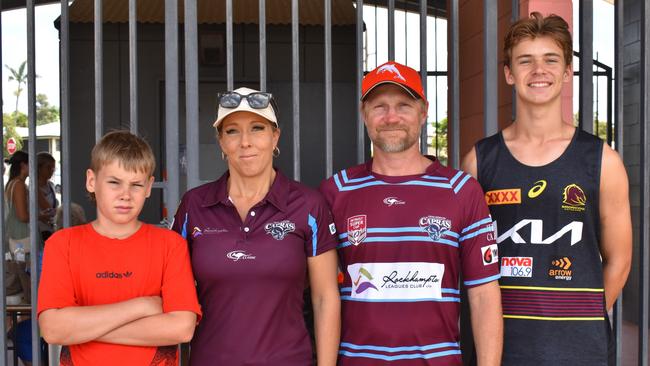 Caydan, Rachael, Nathan and Marcus Tipman at the CQ Capras underage teams first games at Browne Park, Rockhampton, on February 25, 2023.