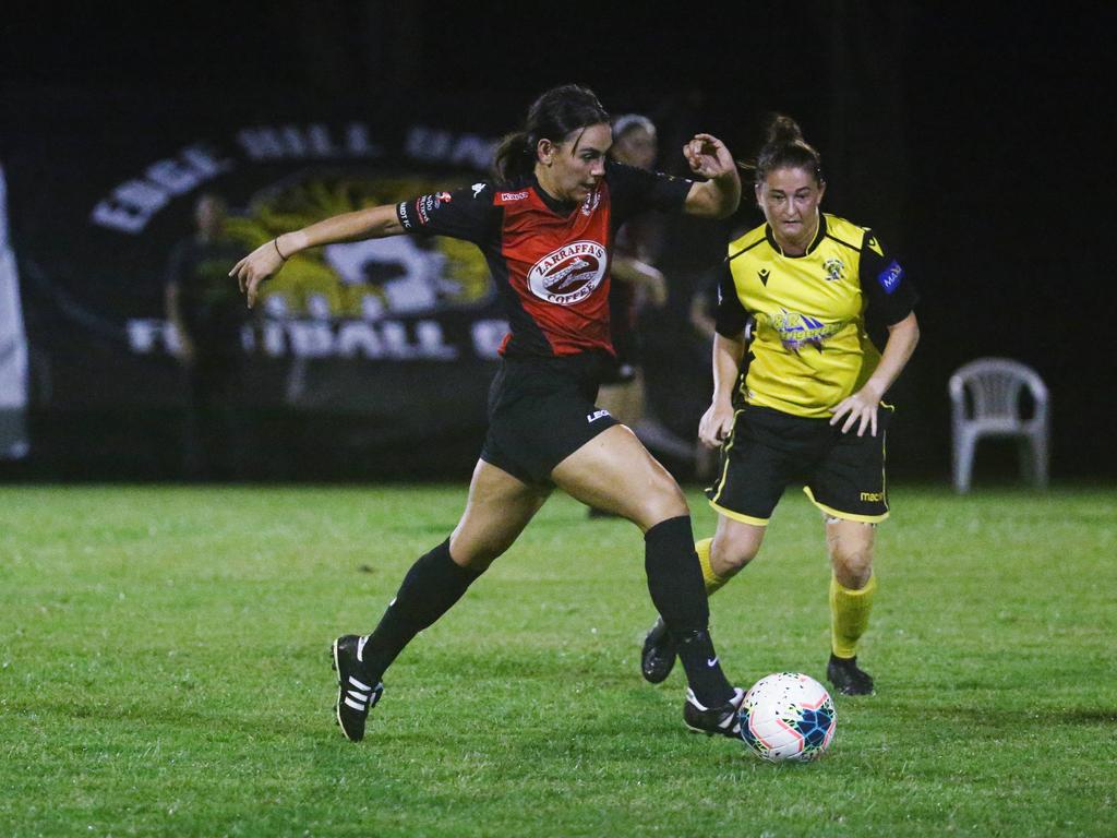 Lions' Daphne Briggs shows a deft touch in the FNQ Football Premiership Women's match between the Edge Hill Tigers and the Lichhardt Lions, held at Tier Park, Manunda. Picture: Brendan Radke