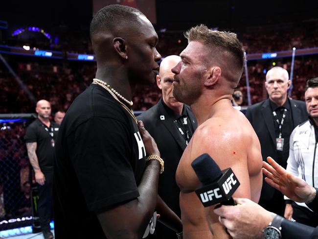 Plans to have Israel Adesanya (L) fight Dricus du Plessis (R) are up in the air. Picture: Jeff Bottari/Zuffa LLC/Getty Images