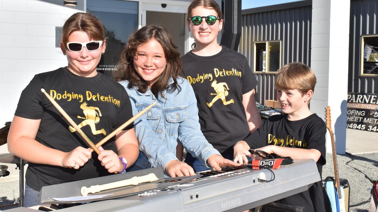 Mackenzie Cantamessa, Sophie Vickers, Josie Watson, and Declan Davie of Proserpine State School rock band ‘Dodging Detention’ entertained the crowd on Friday afternoon. Picture: Kirra Grimes.