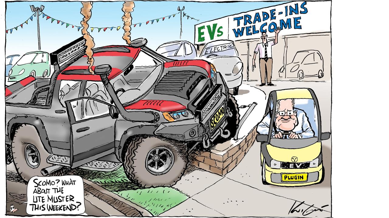 Mark Knight's cartoon compares and contrasts the Prime Minister's position on electric vehicles now and in the past.