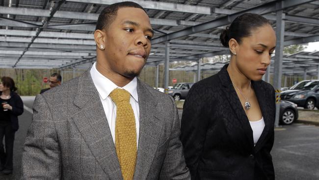 FILE - In this May 1, 2014, file photo, Baltimore Ravens football player Ray Rice holds hands with his wife, Janay, as they arrive at Atlantic County Criminal Courthouse in Mays Landing, N.J. The offender-rehabilitation program that former Raven Rice entered after knocking Janay unconscious in an Atlantic City elevator is rarely used in domestic assault cases. (AP Photo/Mel Evans, File)