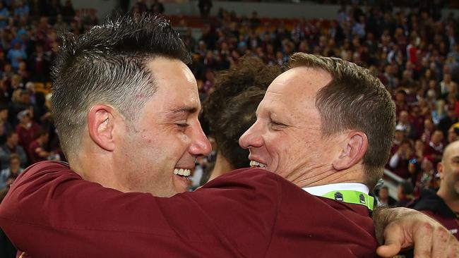 BRISBANE, AUSTRALIA — JULY 12: Cooper Cronk of the Maroons hugs coach Kevin Walters after winning game three of the State of Origin series between the Queensland Maroons and the New South Wales Blues at Suncorp Stadium on July 12, 2017 in Brisbane, Australia. (Photo by Mark Kolbe/Getty Images)