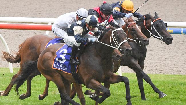 Sunsource streaks away from his rivals to win the Magic Millions Ballarat 2YO Classic. Picture: Pat Scala-Racing Photos via Getty Images