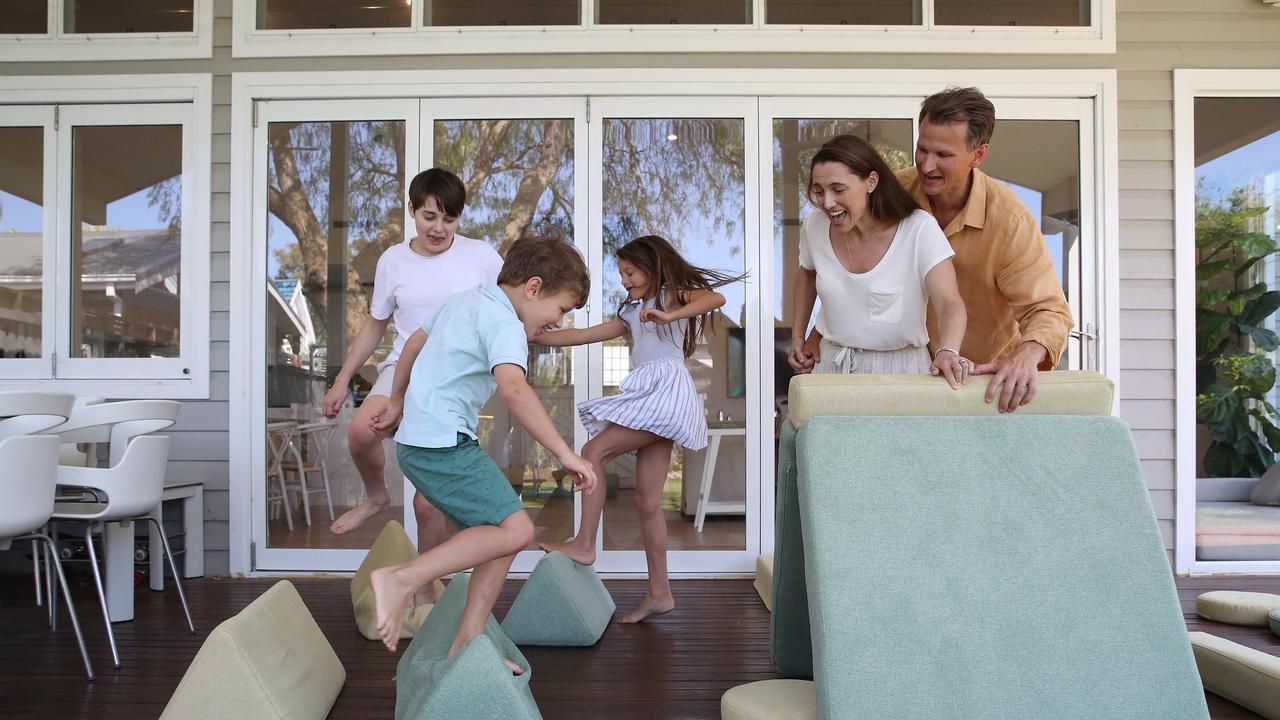 Patrick and Olivia Rudomino using their lockdown creation, MyNooK, to play with their children Charlie, 14, Carmen, 8, and Hugo 6. Picture: David Swift