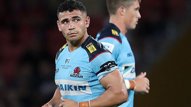 BRISBANE, AUSTRALIA - FEBRUARY 19: Izaia Perese of the Waratahs is sent off to the sin bin during the round one Super Rugby AU match between the Reds and the Waratahs at Suncorp Stadium, on February 19, 2021, in Brisbane, Australia. (Photo by Jono Searle/Getty Images)