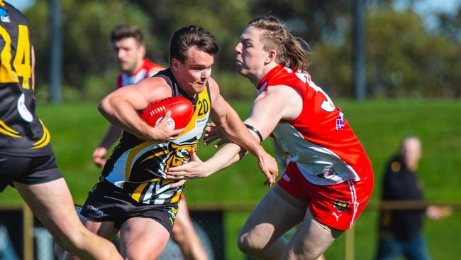 Football. TSL. Tigers V Clarence. Kieran Lovell Tigers and Noah Holmes Clarence. Picture: SOLSTICE DIGITAL