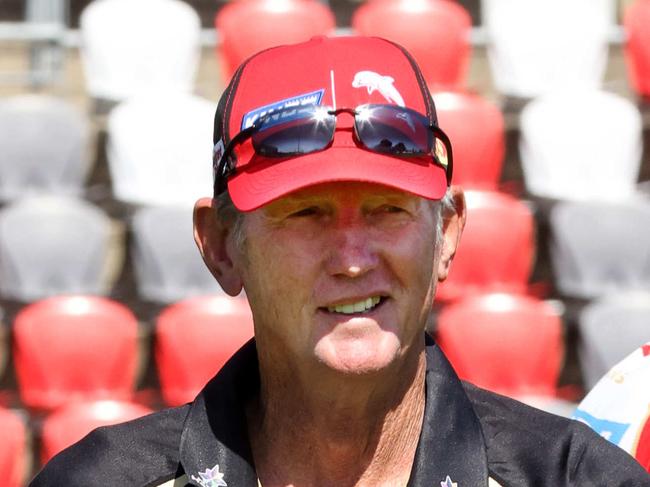 Wayne Bennett and players in the renamed stadium home of the Dolphins NRL team, Kayo Stadium, Redcliffe, on Wednesday 7th December 2022 - Photo Steve Pohlner