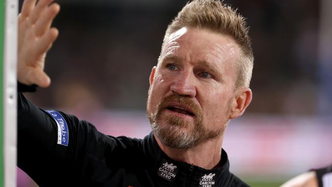 It was clear on Saturday night that Nathan Buckley hasn’t lost the Collingwood playing group despite a poor season so far. Picture: James Elsby/AFL Photos via Getty Images