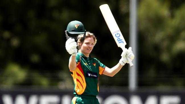 CANBERRA, AUSTRALIA – FEBRUARY 03: Nicola Carey of the Tigers celebrates scoring her century during the WNCL match between Tasmania and ACT at EPC Solar Park on February 03, 2021 in Canberra, Australia. (Photo by Brendon Thorne/Getty Images)