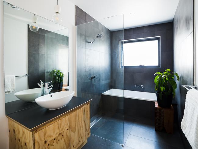 The bathroom on the Dodges Ferry home. The home features LED lights, rainwater harvesting, double-glazed thermally broken windows. Picture: NATALIE MENDHAM