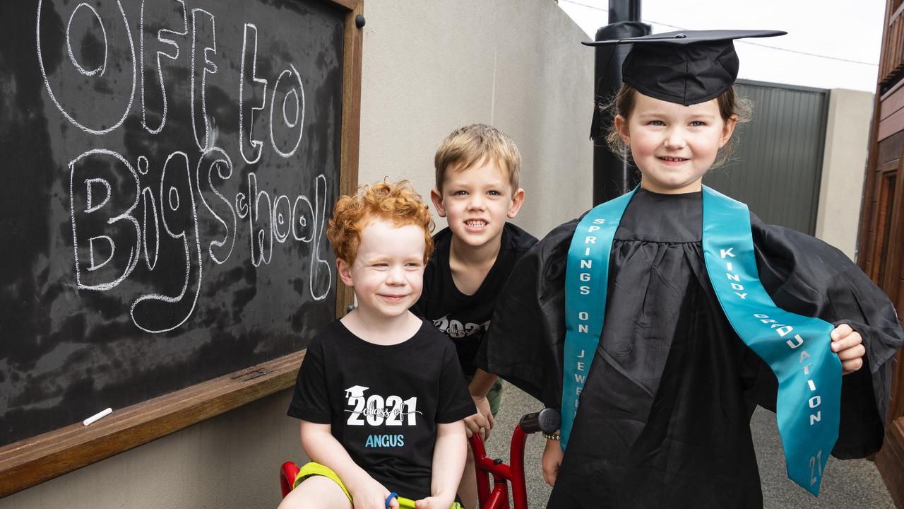 Rylee Bainbridge, Angus Ward (left) and Lennox Jones are ready for big school as they graduate from the pre-prep group at Springs Early Education on Jewell, Monday, November 29, 2021. Picture: Kevin Farmer