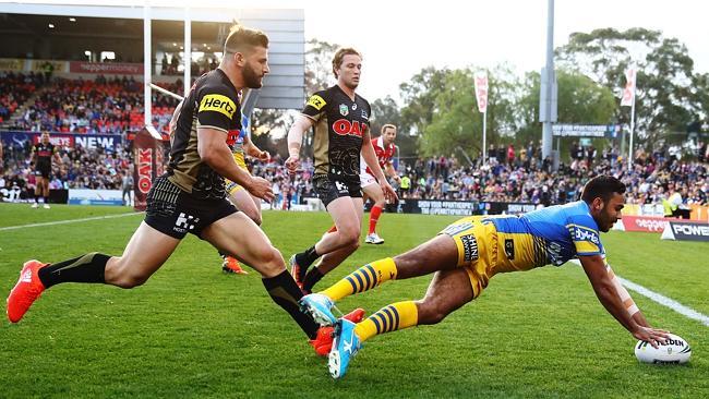 Parramatta's Bevan French scores a try. Picture: Brett Costello