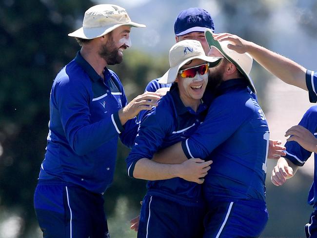 Mt WaverleyÃs Angus Robbins celebrates his run out during the VSDCA cricket: Balwyn v Mt Waverley match in Balwyn North, Saturday, Jan. 9, 2021. Picture: Andy Brownbill