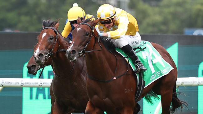 SYDNEY, AUSTRALIA - MARCH 23: Blake Shinn riding  Lady Of Camelot wins Race 8 Golden Slipper during the Golden Slipper Day - Sydney Racing at Rosehill Gardens on March 23, 2024 in Sydney, Australia. (Photo by Jeremy Ng/Getty Images)