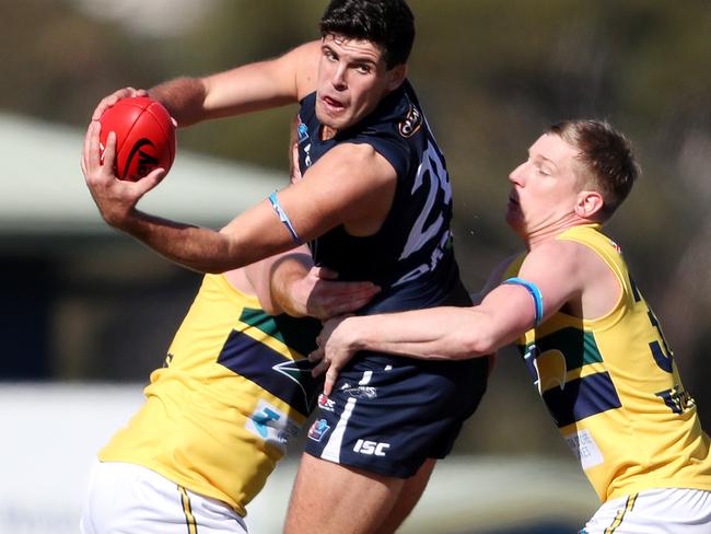 SANFL - Saturday, 15th August, 2020 - South Adelaide v Woodville West-Torrens at Noarlunga South Adelaide Jesse McKinnon under pressure from Eagles Joe Sinor Picture: Sarah Reed