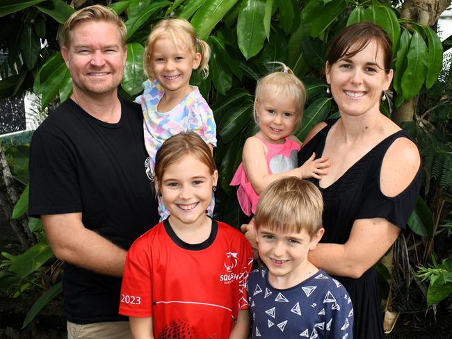 The home-schooling Cary family from Halifax, Hinchinbrook, North Queensland: Parents Andrew and Casey and children Hazel, 10, Owen, 8, Sage, 6, and Ivy, 3, outside the Ingham Squash Club. Picture: Cameron Bates