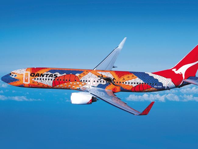 Qantas aircraft sporting indigenous artwork. Qantas will mark 25-years of its Flying Art series on September 4, celebrating indigenous art. Picture: