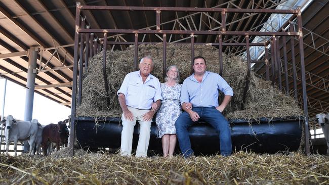 Colin, Alison and Hamish Brett at the Berrimah Farm Export feedlot following the historic Federal Court ruling. Brett Cattle Company was the lead litigant in the class action. Picture: Katrina Bridgeford