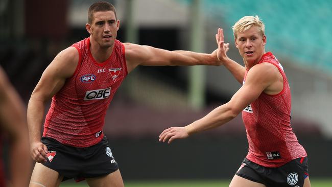 Darcy Cameron and Isaac Heeney Swans training in 2019. Picture: Phil Hillyard