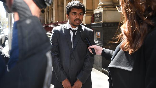 Chinmay Naik speaks to the media outside the Supreme Court of Victoria. Picture: AAP