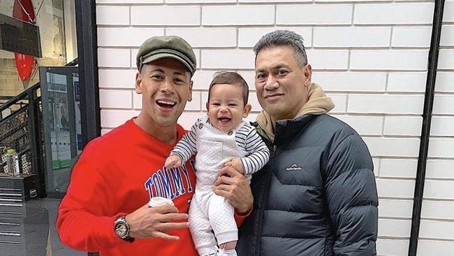 Broncos star Jamayne Isaako, son Isaiah and father Taai. Picture: Instagram @jamaynisaako