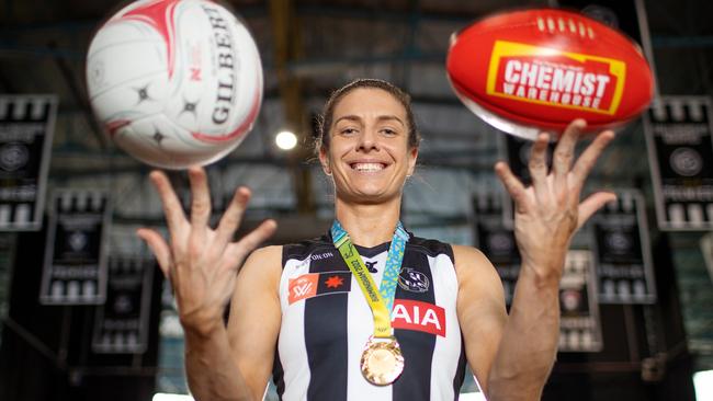 MELBOURNE, NOVEMBER 8, 2022: Collingwood AFLW player Ash Brazill is playing in a semi-final this weekend, just weeks after representing Australia at the Commonwealth Games and winning netball gold. Picture: Mark Stewart