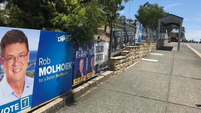 LNP bunting has decked out the Ashmore State School polling booth. Picture: Lea Emery