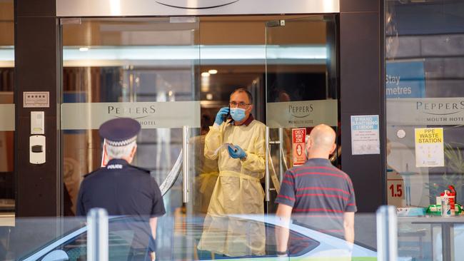 Police and Medical staff around the Peppers Waymouth Hotel. Picture: Matt Turner.