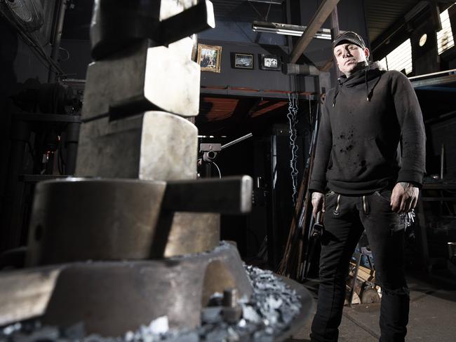 Blacksmith Pete Mattila who has created a 3.6m tall sculpture to be used in this year’s Tasdance Unconformity performance called Collision. Picture: RICHARD JUPE