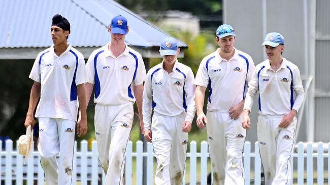 Lakshdeep Singh, far left, gets a mention, along with Steve Hogan, middle, as Sandgate-Redcliffe players return to the field. Picture, John Gass