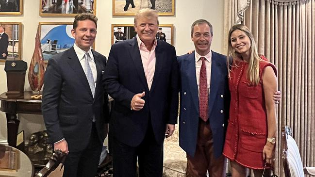 Australian Holly Valance and her husband Nick Candy (left) dined with former US president Donald Trump and conservative former British politician Nigel Farage in 2022. Picture: X