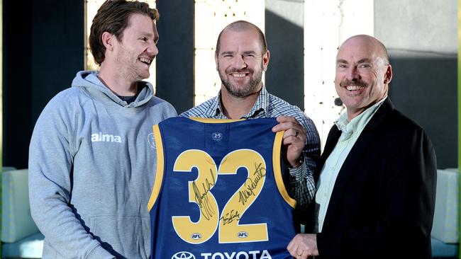 Crows players who have worn the club's famous No. 32 jumper - Patrick Dangerfield, Mark Ricciuto and Bruce Lindsay.