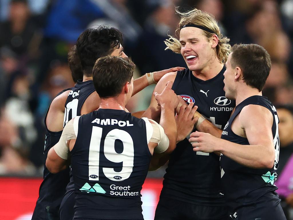 Tom De Koning has overtaken Marc Pittonet as Carlton’s No. 1 ruckman. Picture: Quinn Rooney/Getty Images