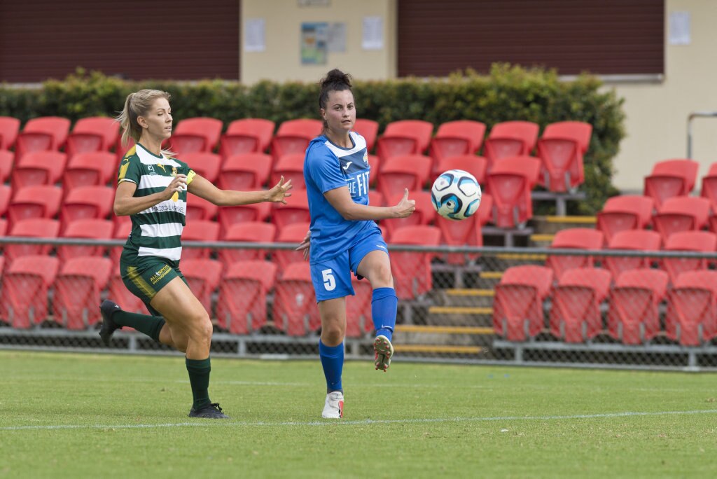 Gemma Cartwright of South West Queensland Thunder against Western Pride in NPLW Queensland round three football at Clive Berghofer Stadium, Saturday, March 2, 2019. Picture: Kevin Farmer